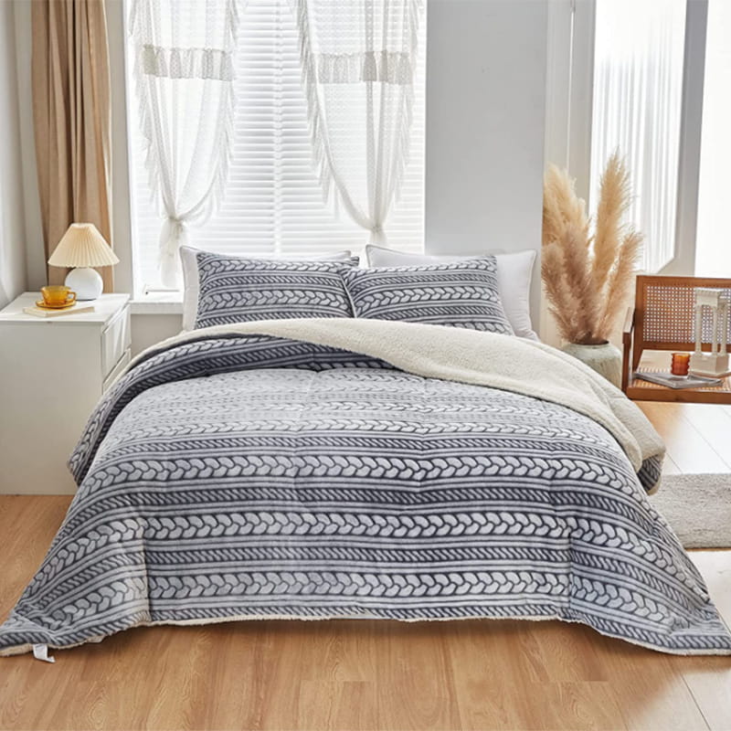 Pcing HME Bohemian style jacquard style, super soft and super warm, luxurious queen size three piece flannel sherpa comfort set (including quilt+2 pillow cases, gray)