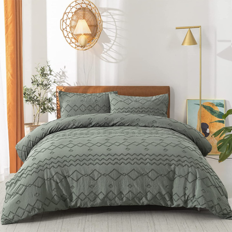 Pcing HME tufted duvet cover, with textured embroidery, worn and chic Bohemian bedding includes (1pc duvet+2pc pillowcase) soft microfiber quilt cover