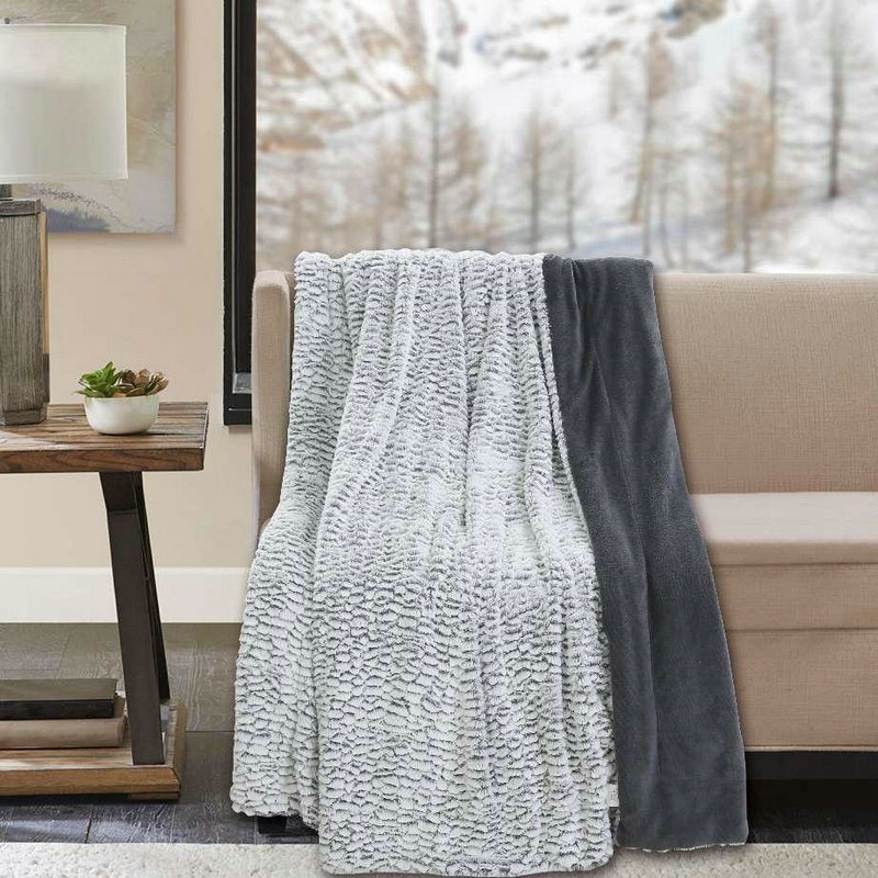 Pcing HME Collection Faux Fur Blanket, Luxurious Blanket for Couch,Bed,sofa,chair champing Throw reversible Blanket, gray