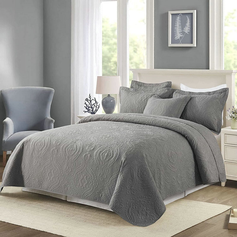 Pcing HME bedspread Set Queen Size - 3 Piece Embroidered Microfiber Bedspread Reversible Coverlet All Season Quilts-Damask,Grey