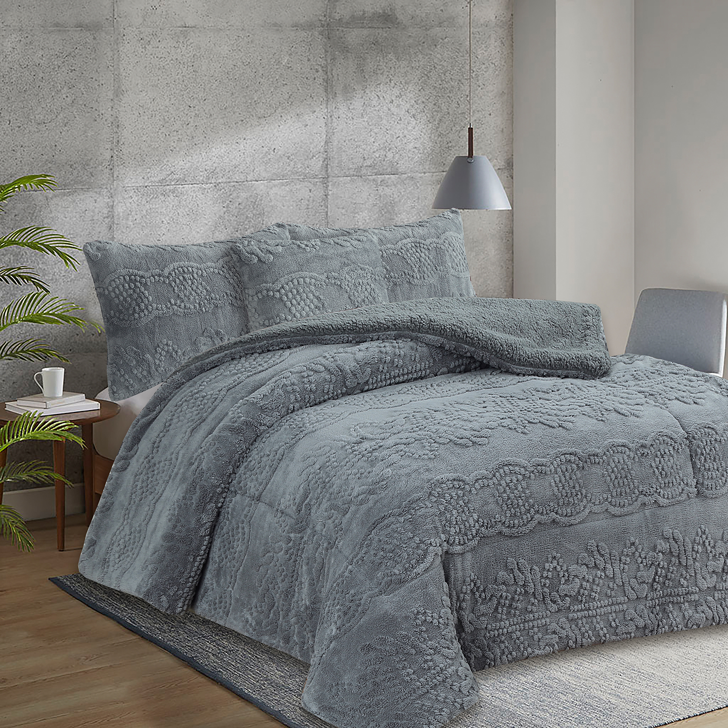 Gray jacquard sherpa comforter